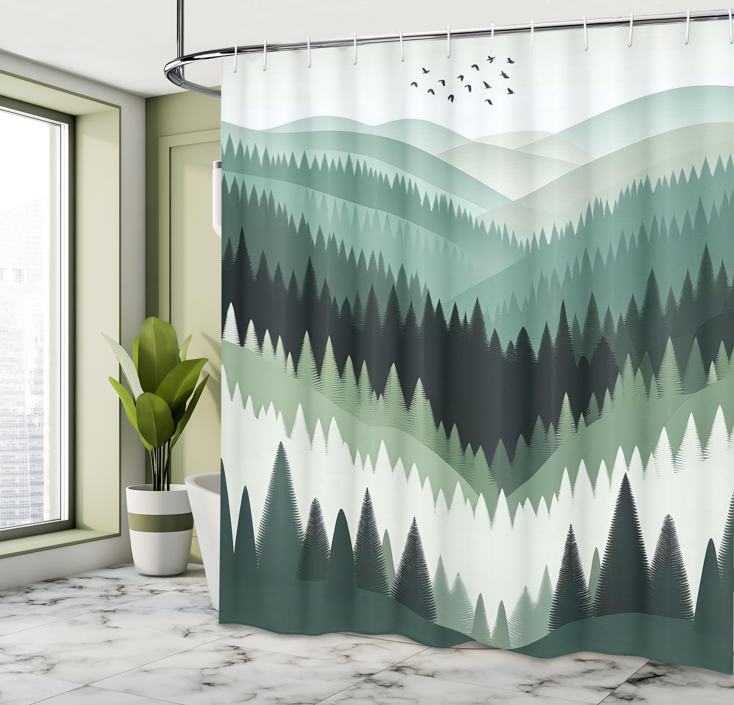 Ambesonne Green Shower Curtain, Bohemian Nature Themed Woodland Valley With Jade Tones Modern Scandinavian, Cloth Fabric Bathroo